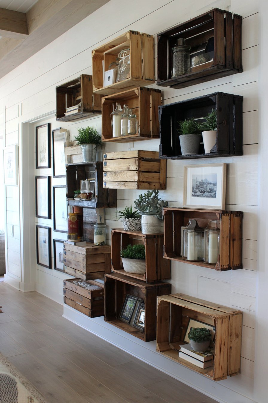 Wooden crates in varied stains mounted as shadow box shelves on white shiplap with plants and books