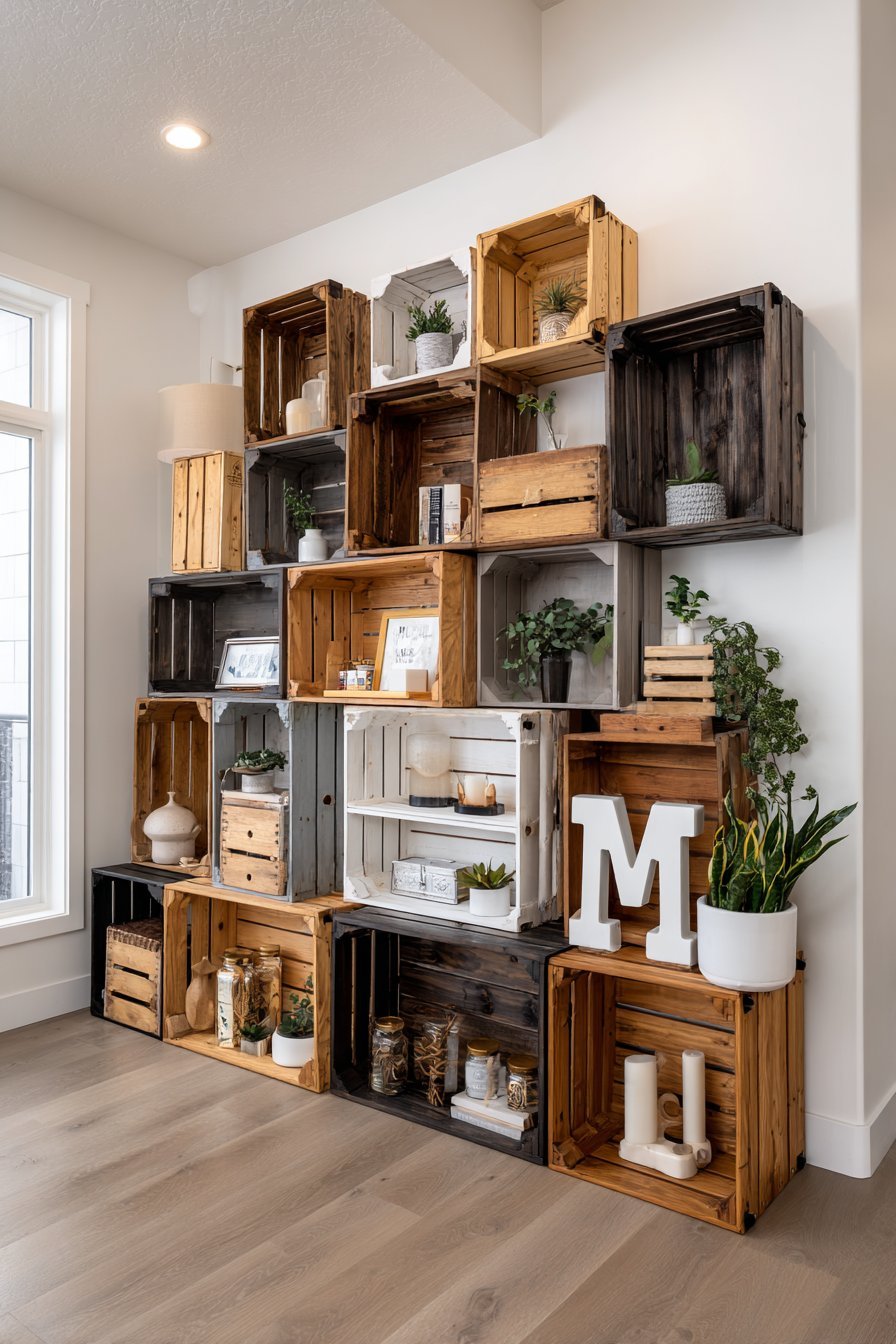 Wooden crates in varied stains mounted as shadow box shelves on white shiplap with plants and books
