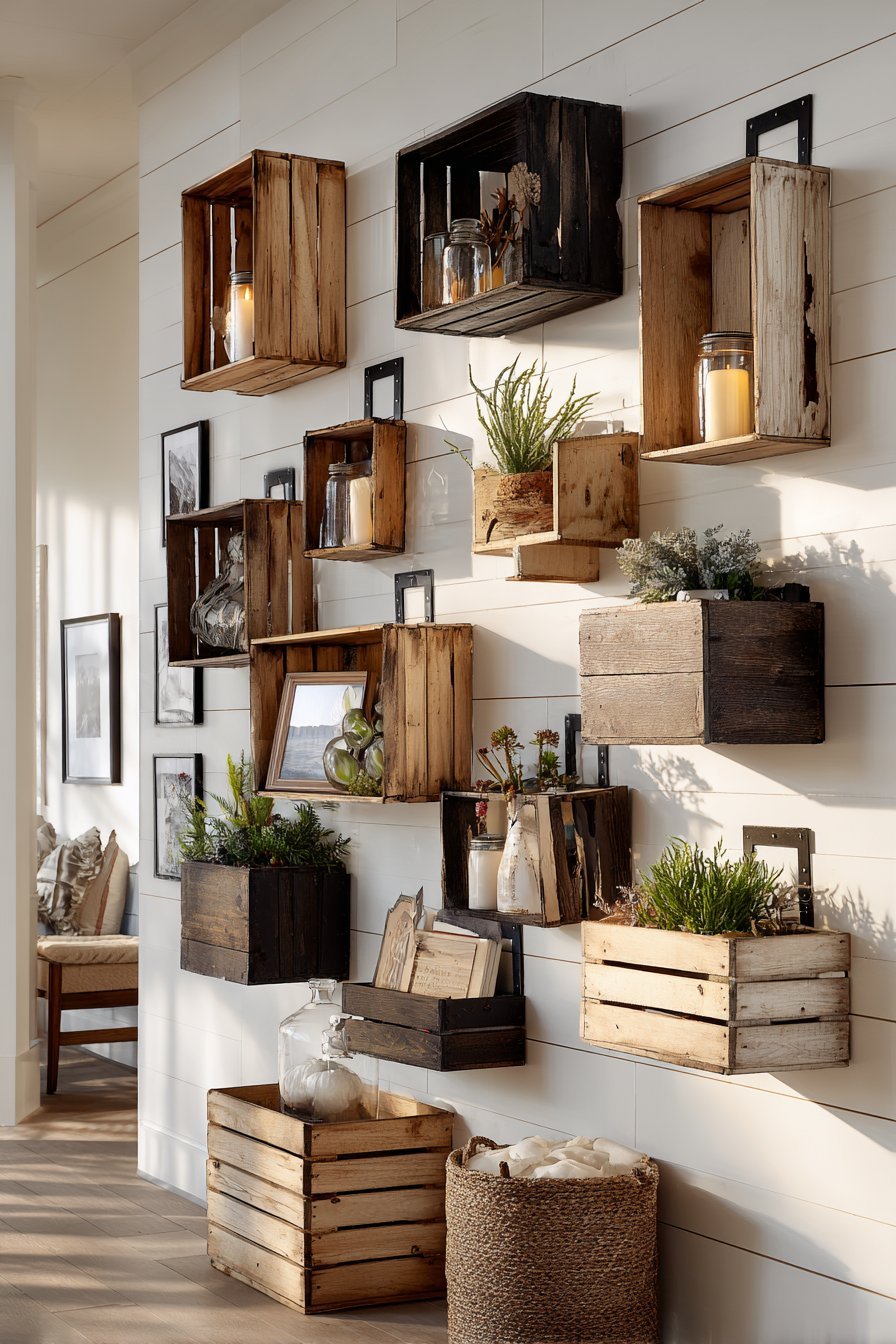 Wooden crates in varied stains mounted as shadow box shelves on white shiplap with plants and books
