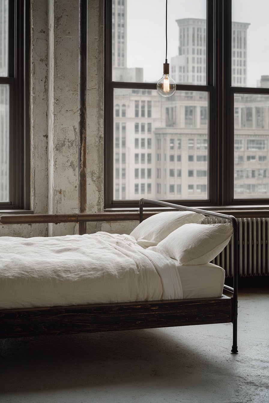 Rusted raw steel tube bed frame with white bedding, polished concrete floor, Edison bulb and steel-framed windows