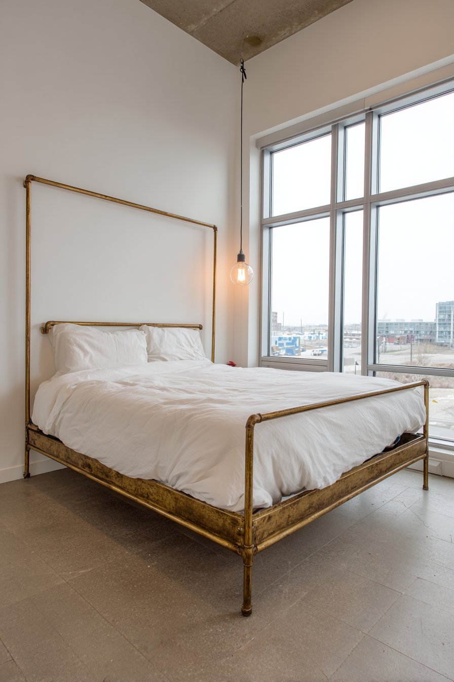 Rusted raw steel tube bed frame with white bedding, polished concrete floor, Edison bulb and steel-framed windows