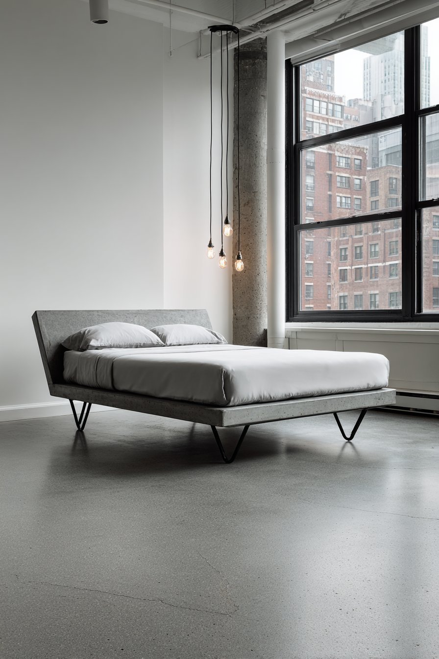 Rusted raw steel tube bed frame with white bedding, polished concrete floor, Edison bulb and steel-framed windows