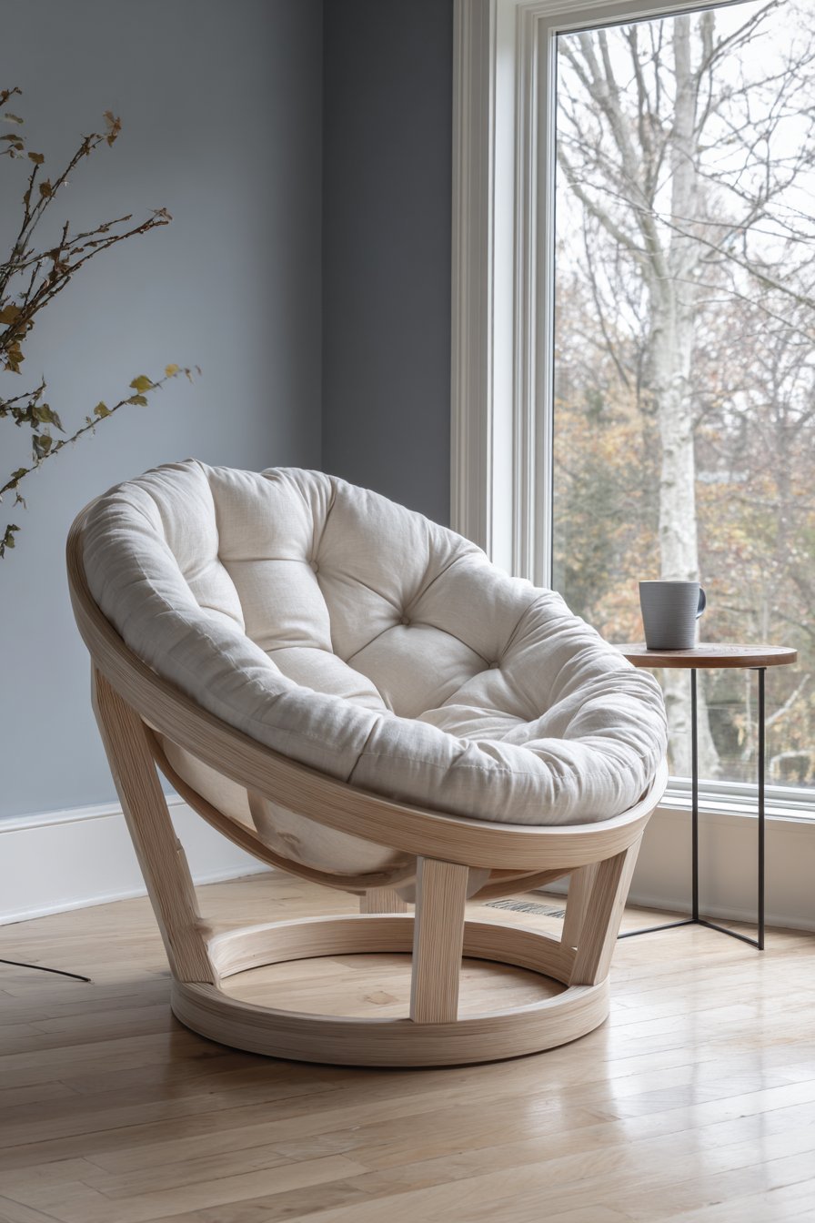 Round light oak papasan-style chair with linen cushion beside a window overlooking birch trees