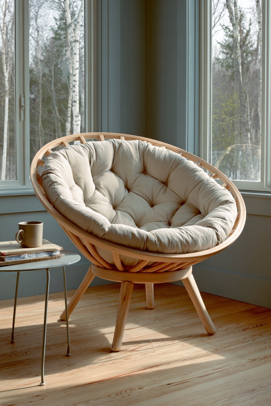 Round light oak papasan-style chair with linen cushion beside a window overlooking birch trees