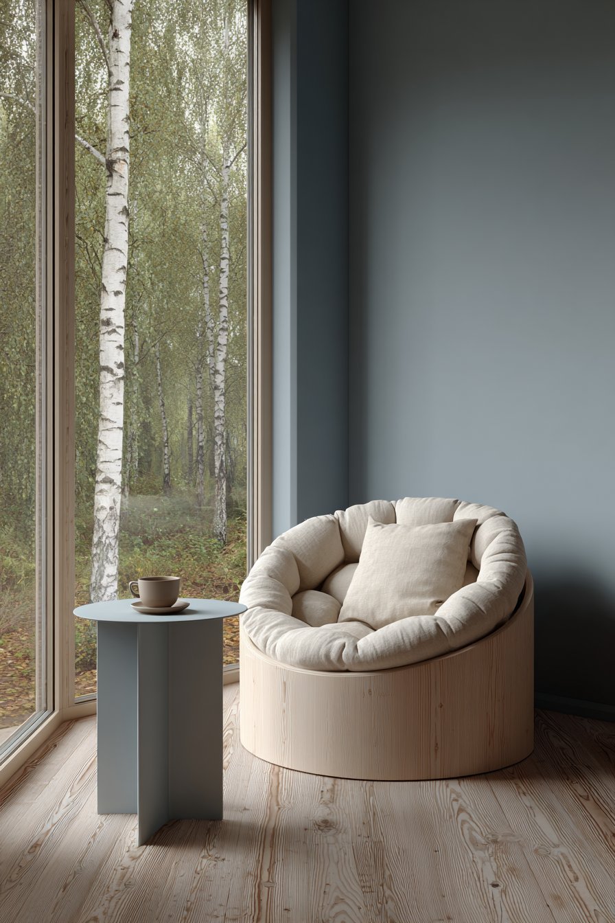 Round light oak papasan-style chair with linen cushion beside a window overlooking birch trees