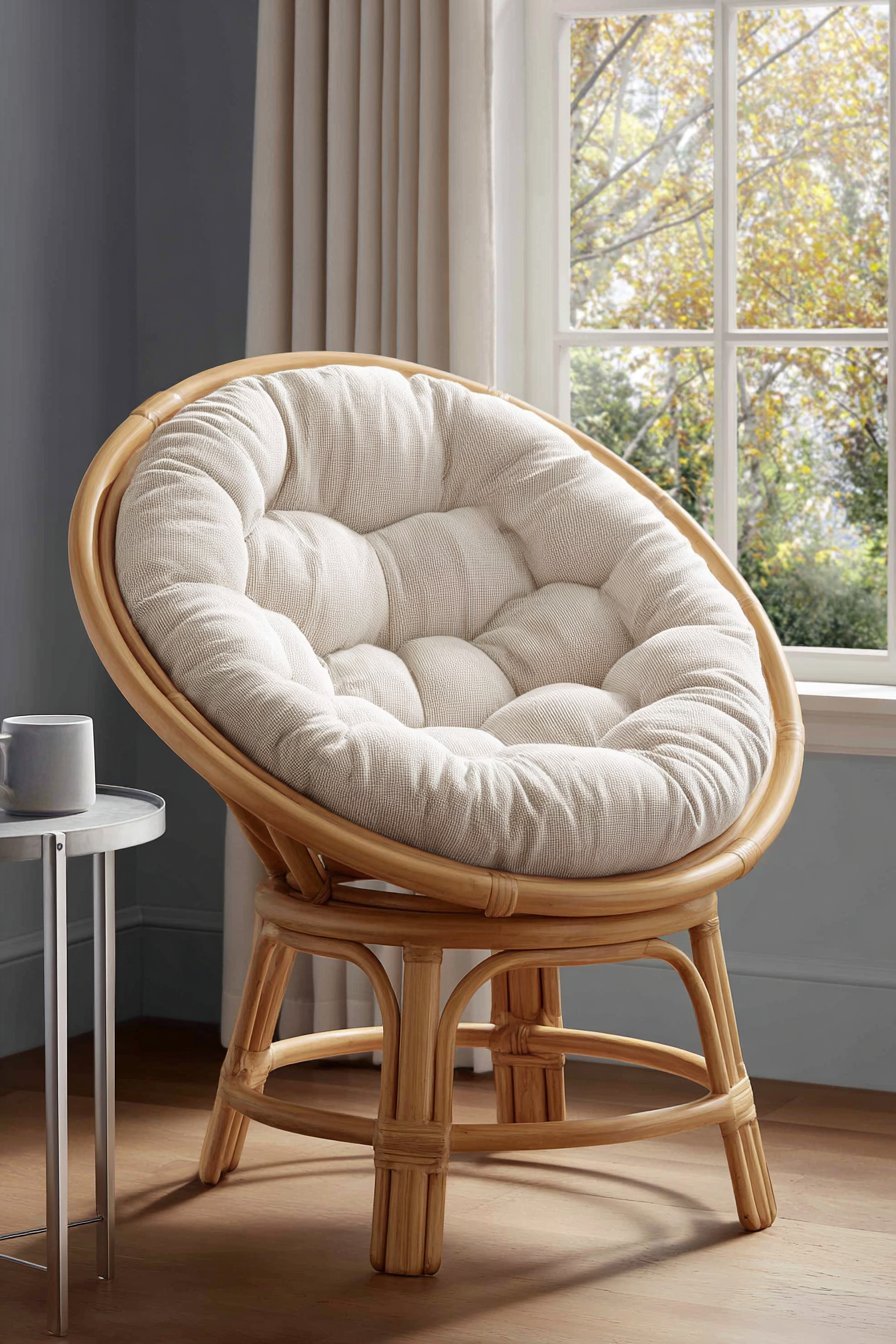 Round light oak papasan-style chair with linen cushion beside a window overlooking birch trees