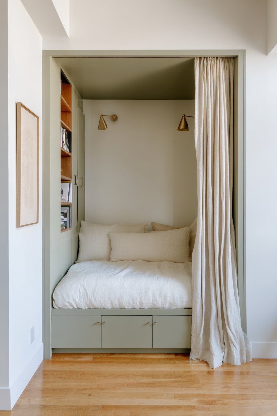 Bed set in an alcove between sage green built-in wardrobes with brass picture lights