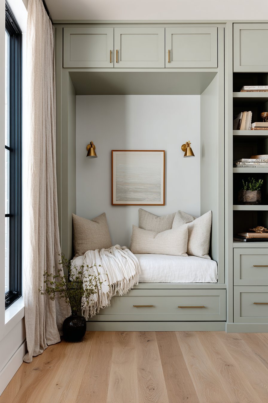Bed set in an alcove between sage green built-in wardrobes with brass picture lights