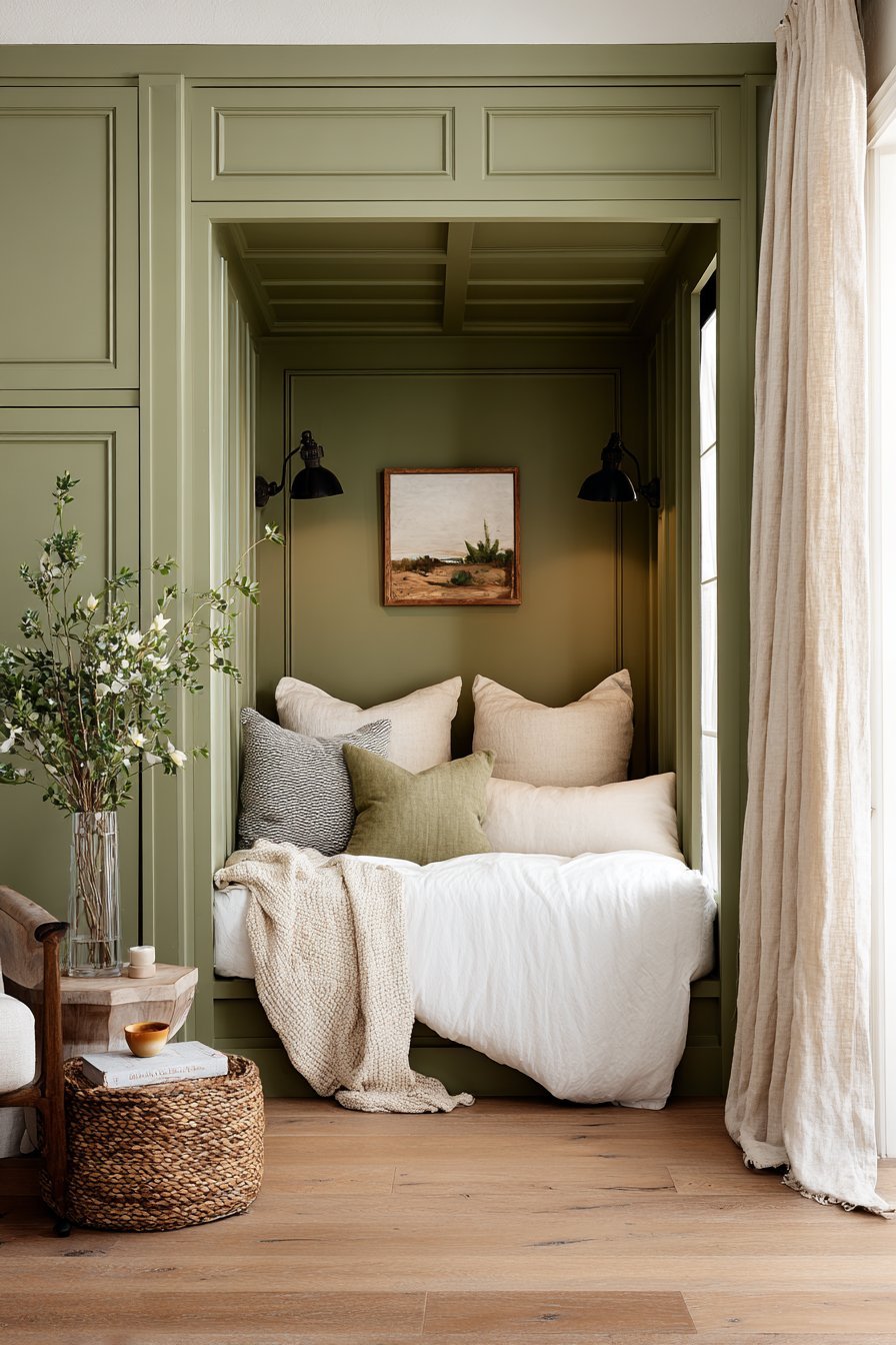 Bed set in an alcove between sage green built-in wardrobes with brass picture lights