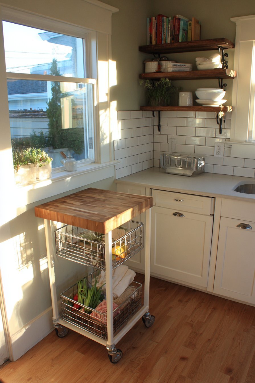 Narrow rolling cart with butcher block top and wire baskets between white kitchen cabinets
