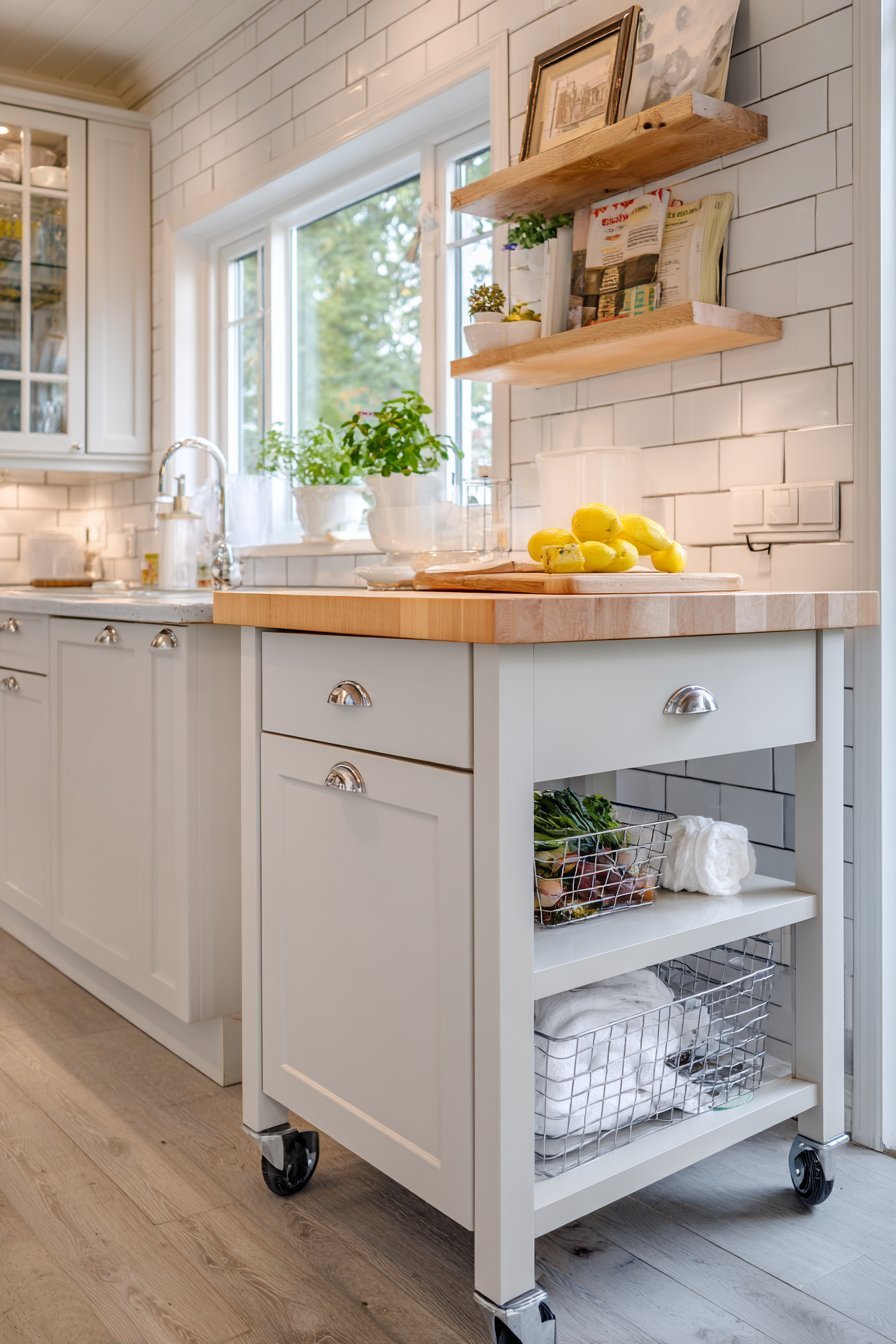 Narrow rolling cart with butcher block top and wire baskets between white kitchen cabinets