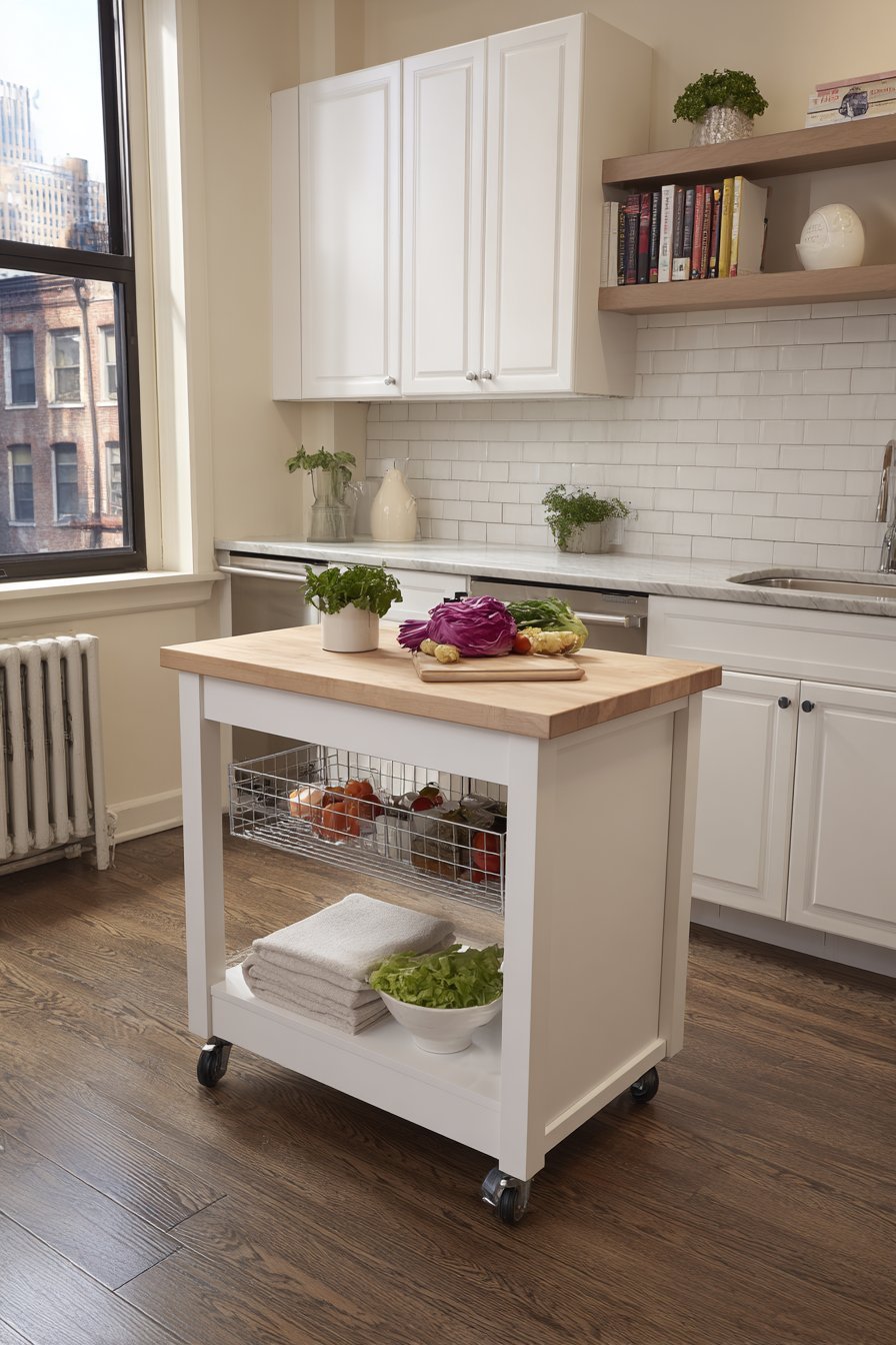 Narrow rolling cart with butcher block top and wire baskets between white kitchen cabinets