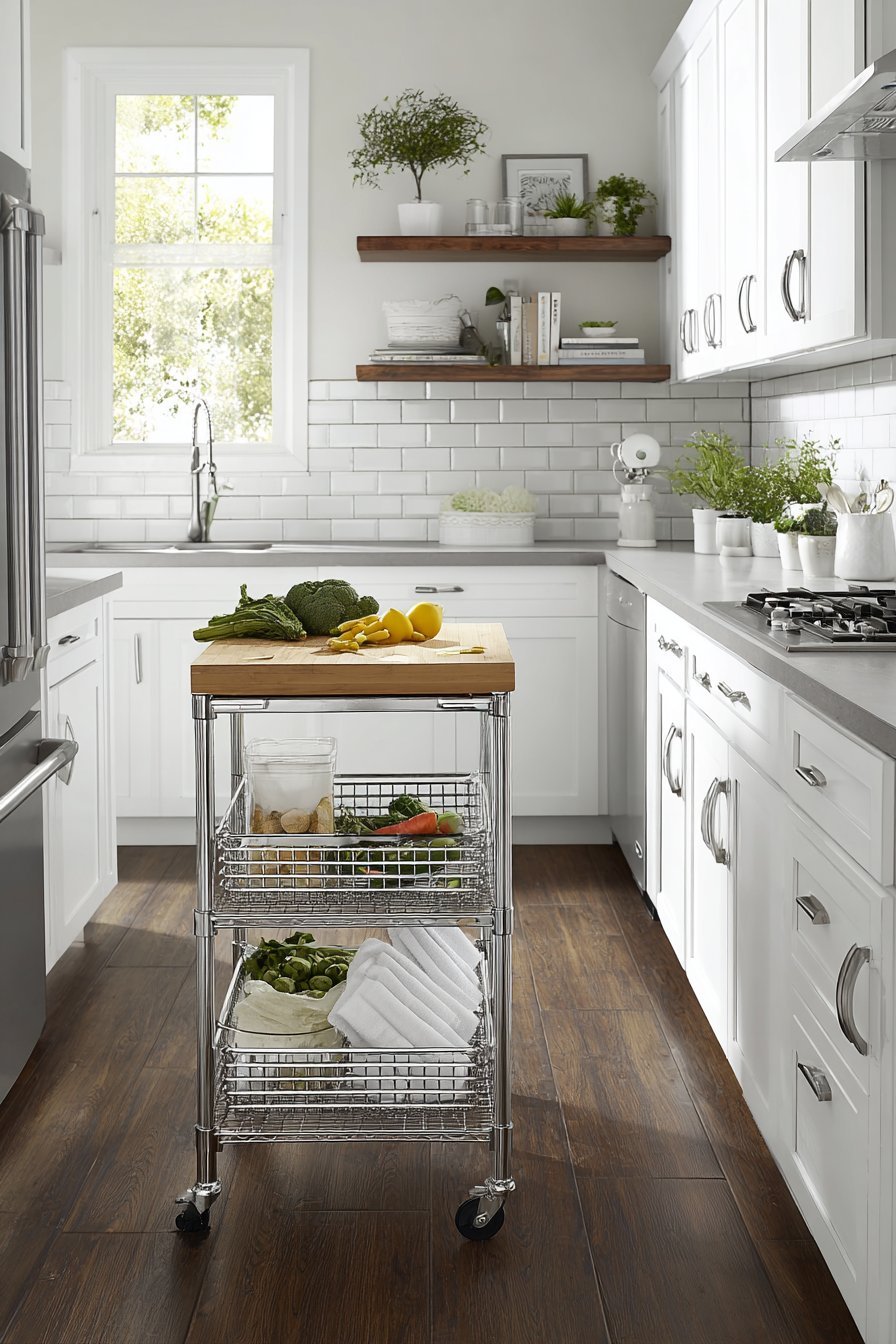 Narrow rolling cart with butcher block top and wire baskets between white kitchen cabinets