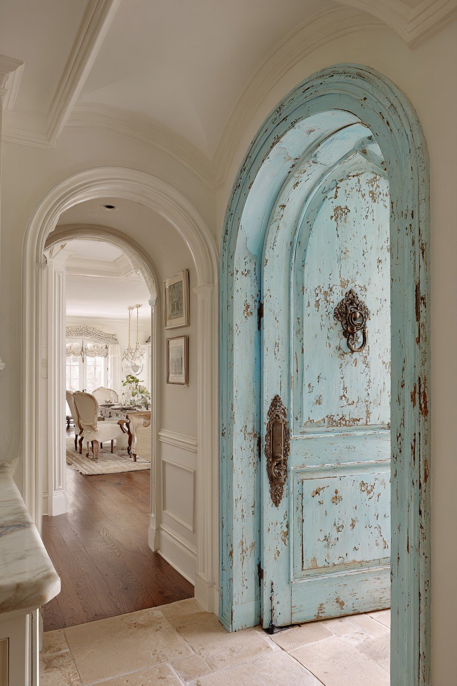 Arched Provence blue bedroom door with distressed edges, antique brass handle and terra cotta tile floor