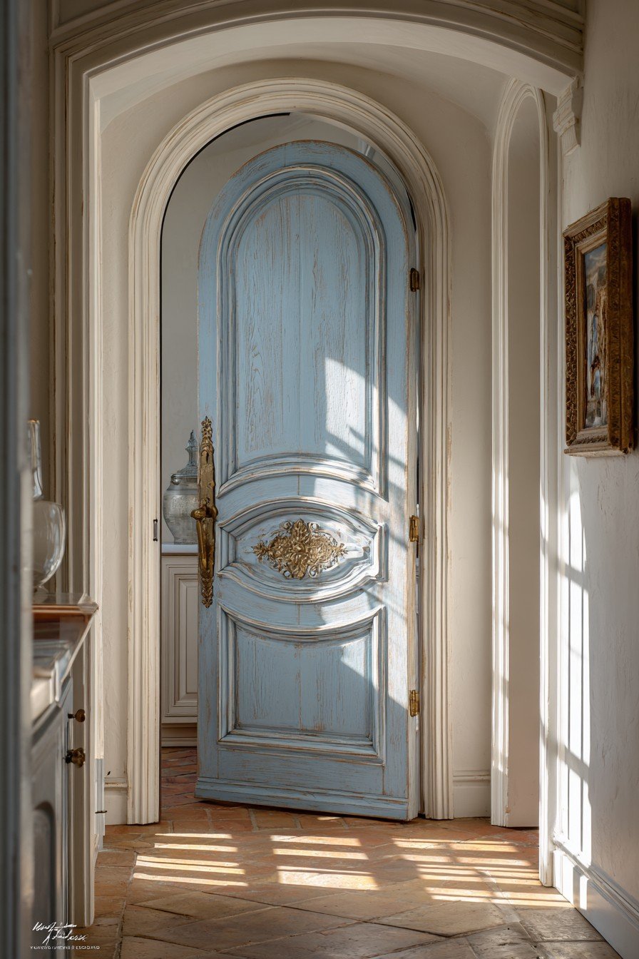 Arched Provence blue bedroom door with distressed edges, antique brass handle and terra cotta tile floor