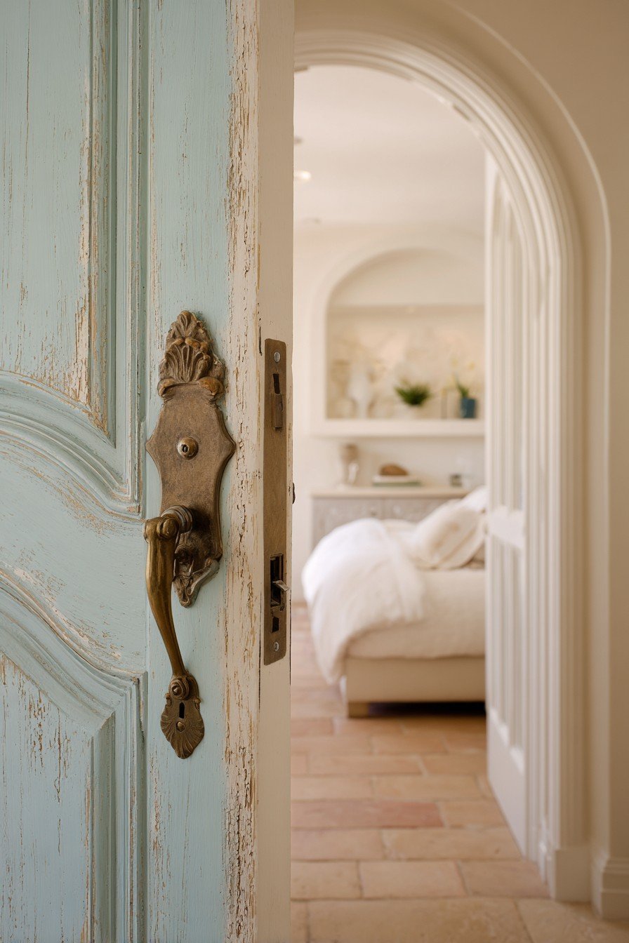 Arched Provence blue bedroom door with distressed edges, antique brass handle and terra cotta tile floor