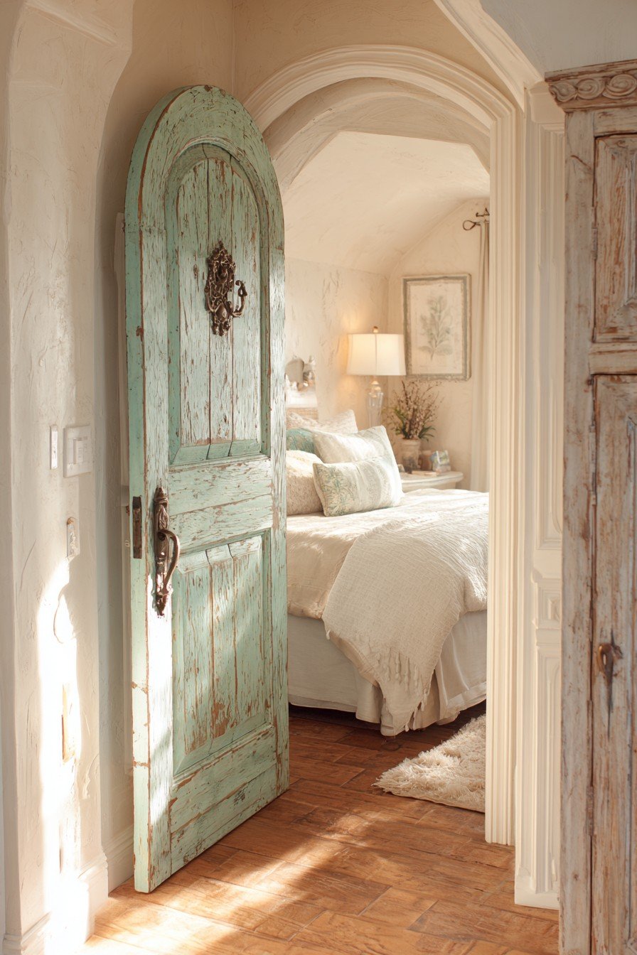 Arched Provence blue bedroom door with distressed edges, antique brass handle and terra cotta tile floor