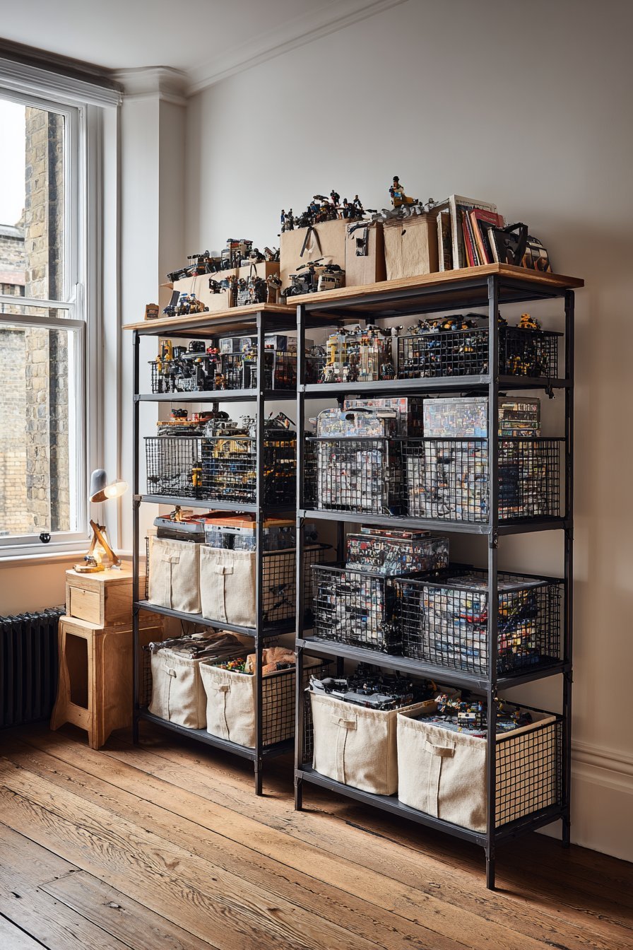Black metal shelving with wire baskets, fold-out work surface, string lights and displayed Lego Technic sets in a teen room