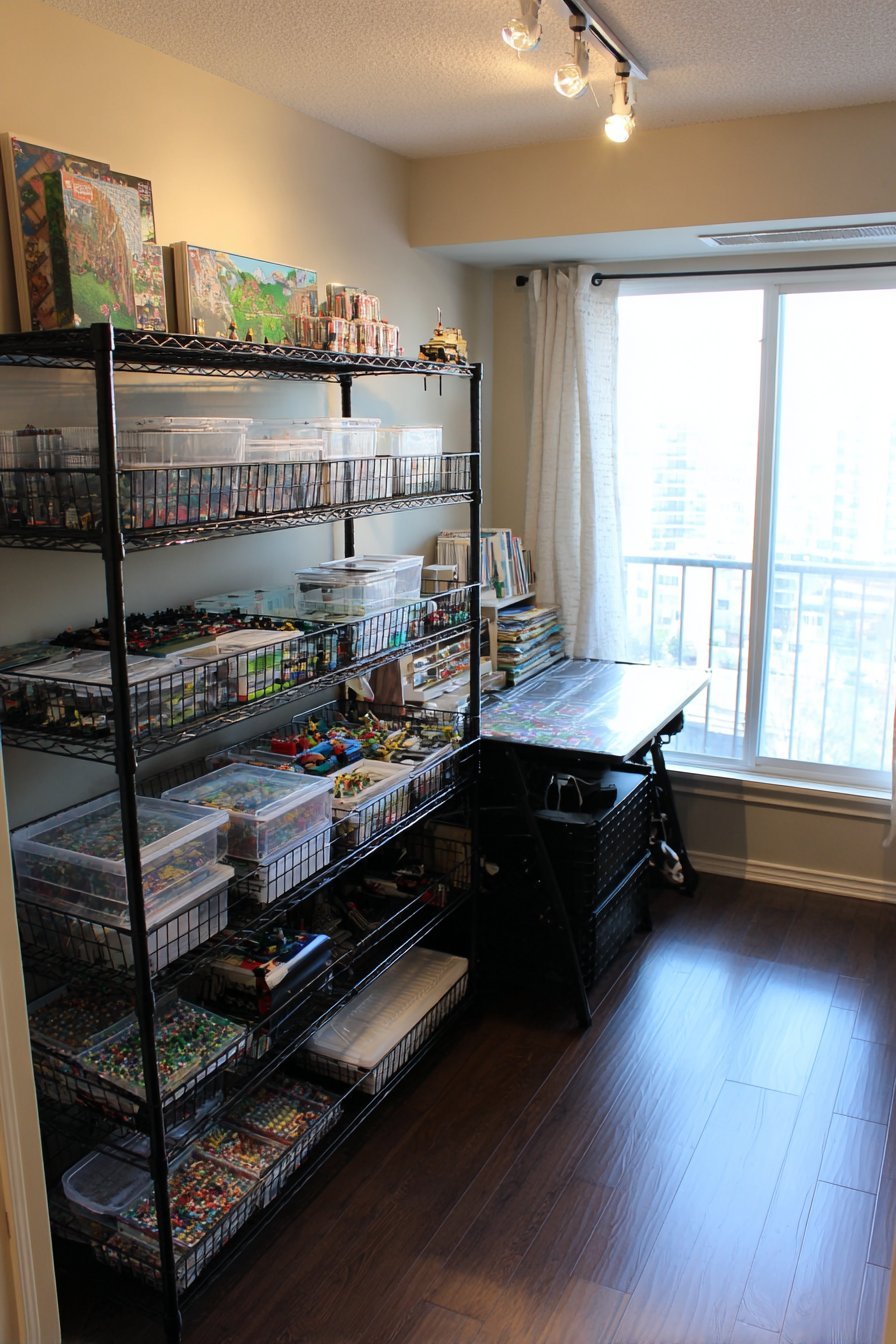 Black metal shelving with wire baskets, fold-out work surface, string lights and displayed Lego Technic sets in a teen room