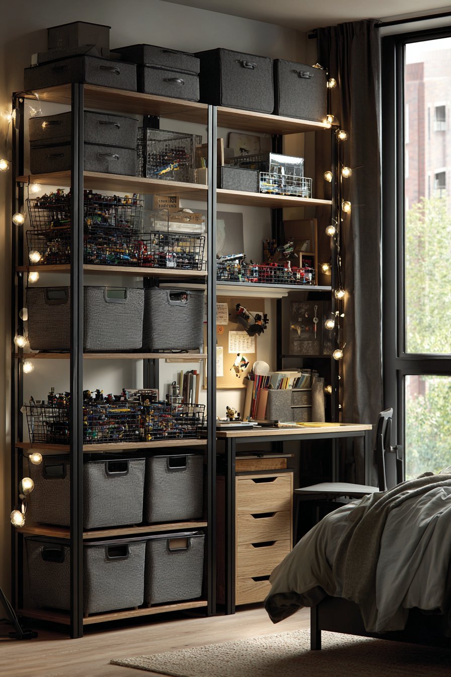 Black metal shelving with wire baskets, fold-out work surface, string lights and displayed Lego Technic sets in a teen room