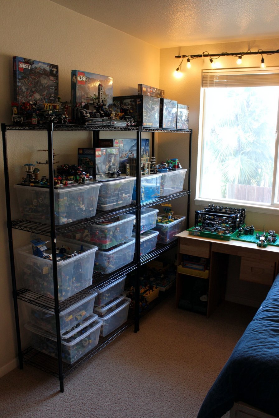 Black metal shelving with wire baskets, fold-out work surface, string lights and displayed Lego Technic sets in a teen room