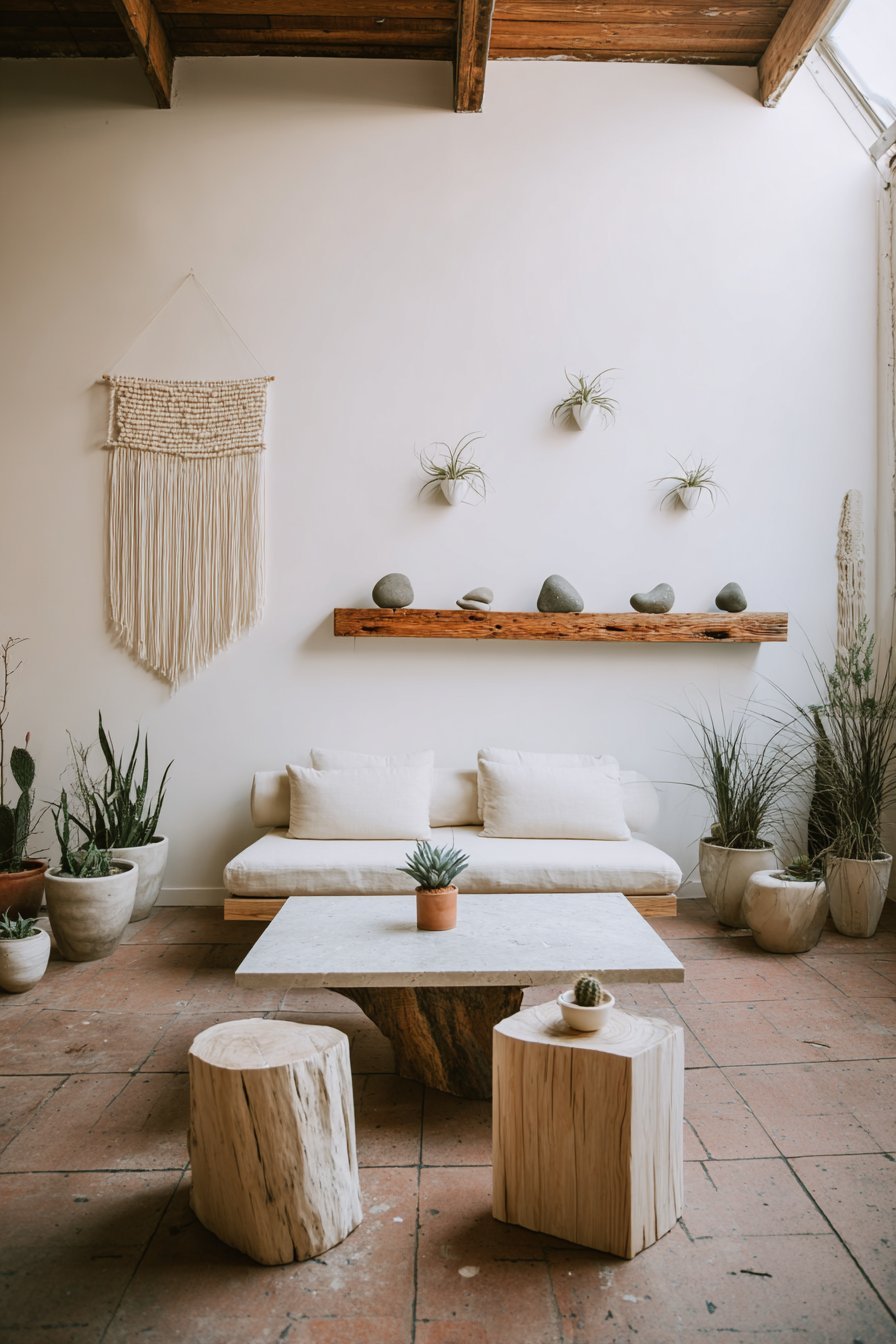 Organic living room with jute and wool wall hanging, air plants and floating live edge walnut shelf