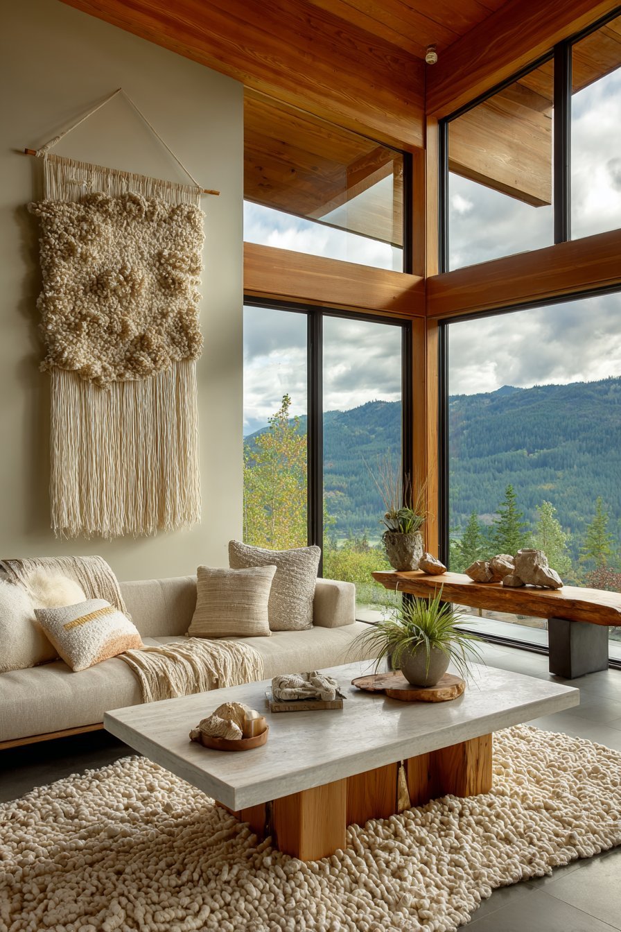Organic living room with jute and wool wall hanging, air plants and floating live edge walnut shelf