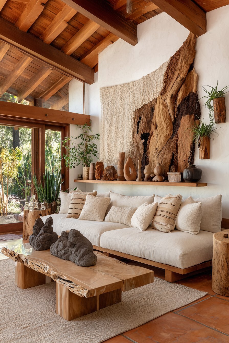 Organic living room with jute and wool wall hanging, air plants and floating live edge walnut shelf