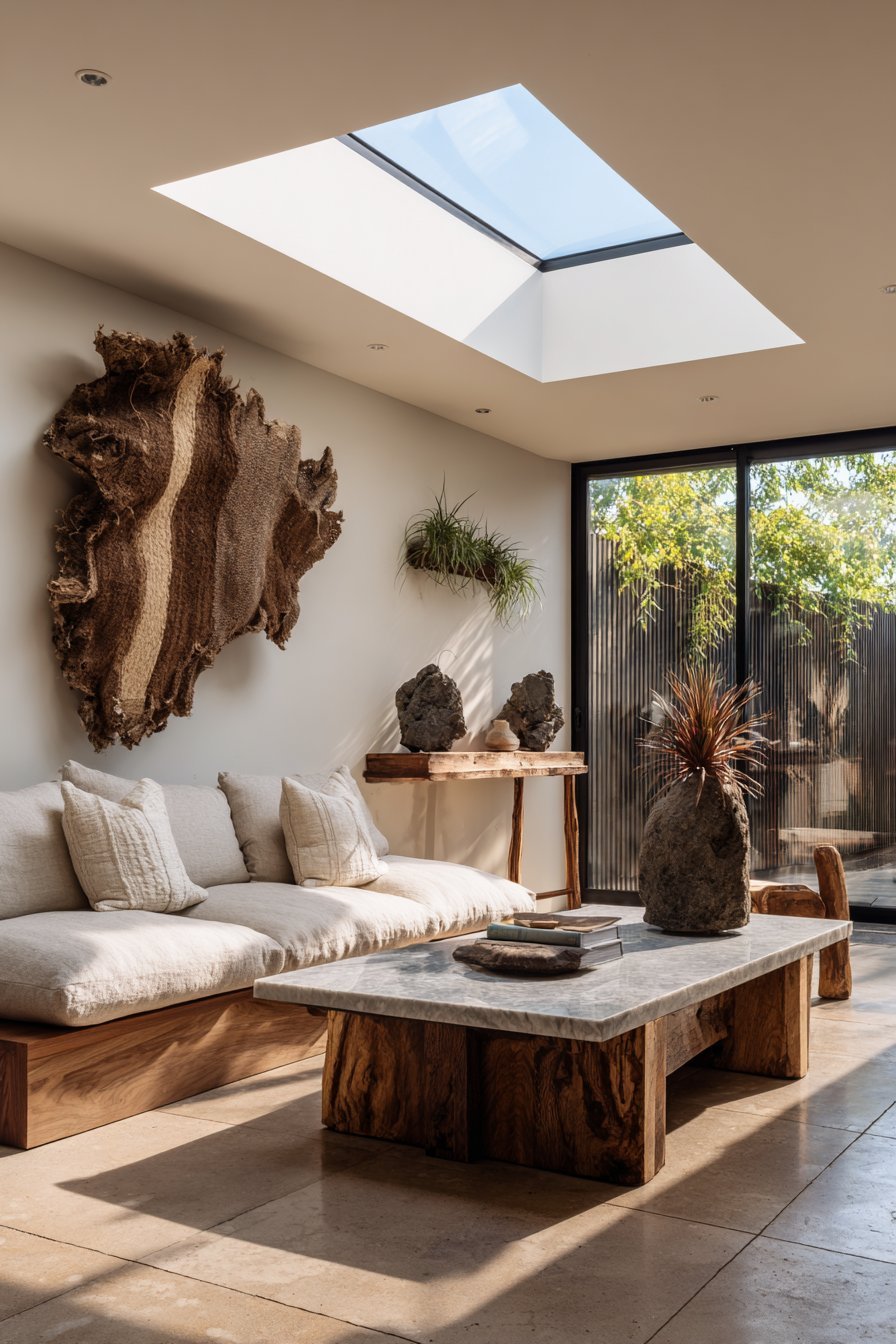 Organic living room with jute and wool wall hanging, air plants and floating live edge walnut shelf
