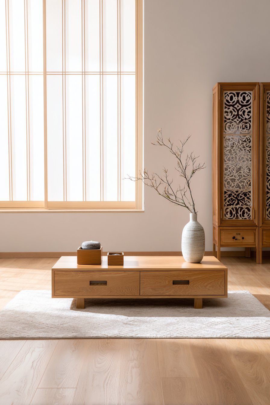Japandi light oak low cabinet with kumiko lattice sliding doors, ceramic vase and wooden box