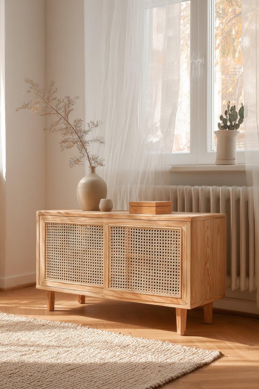 Japandi light oak low cabinet with kumiko lattice sliding doors, ceramic vase and wooden box