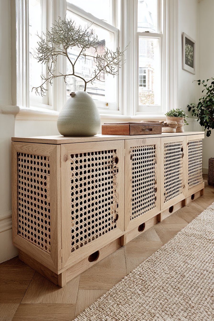 Japandi light oak low cabinet with kumiko lattice sliding doors, ceramic vase and wooden box