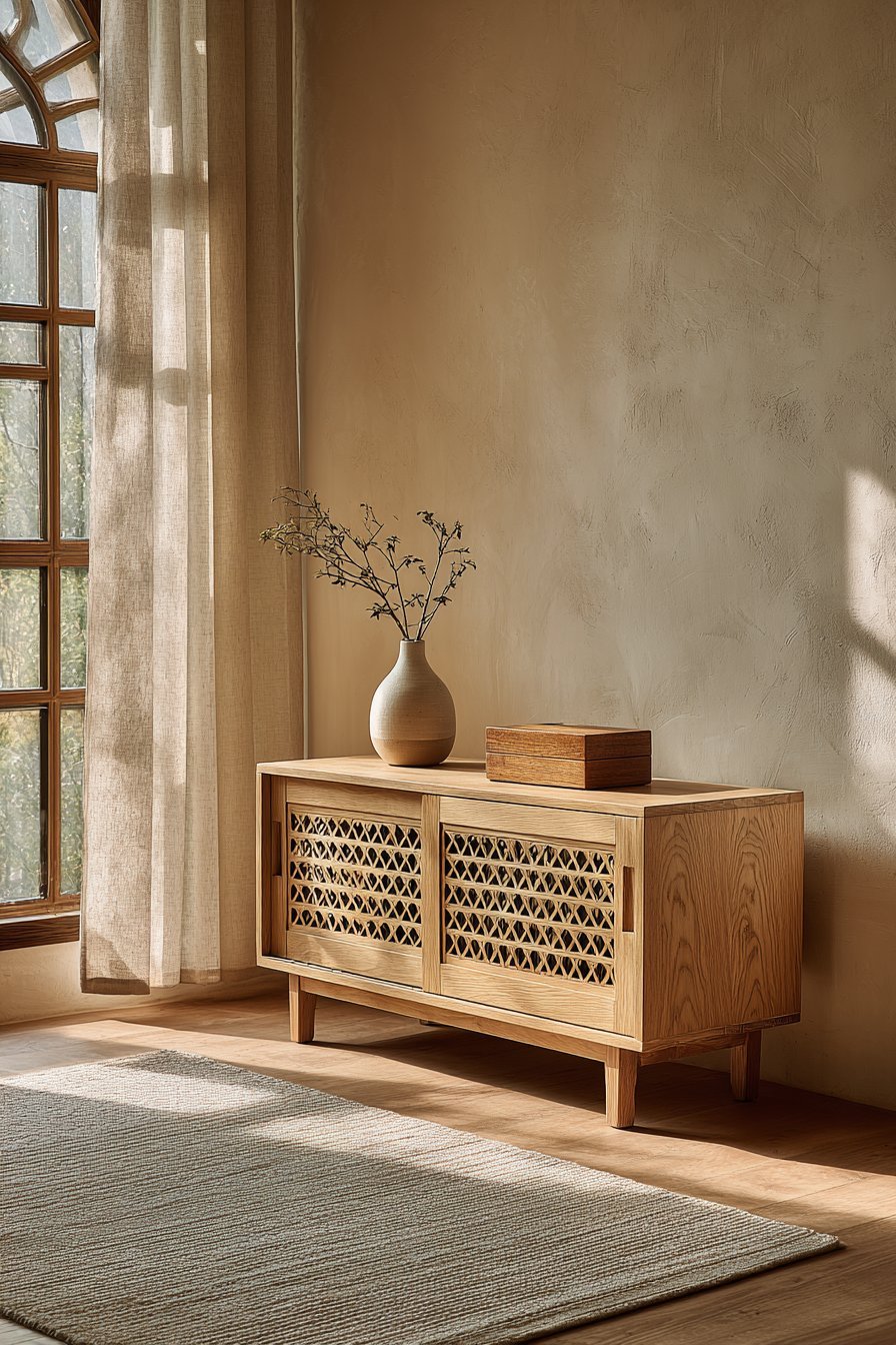 Japandi light oak low cabinet with kumiko lattice sliding doors, ceramic vase and wooden box