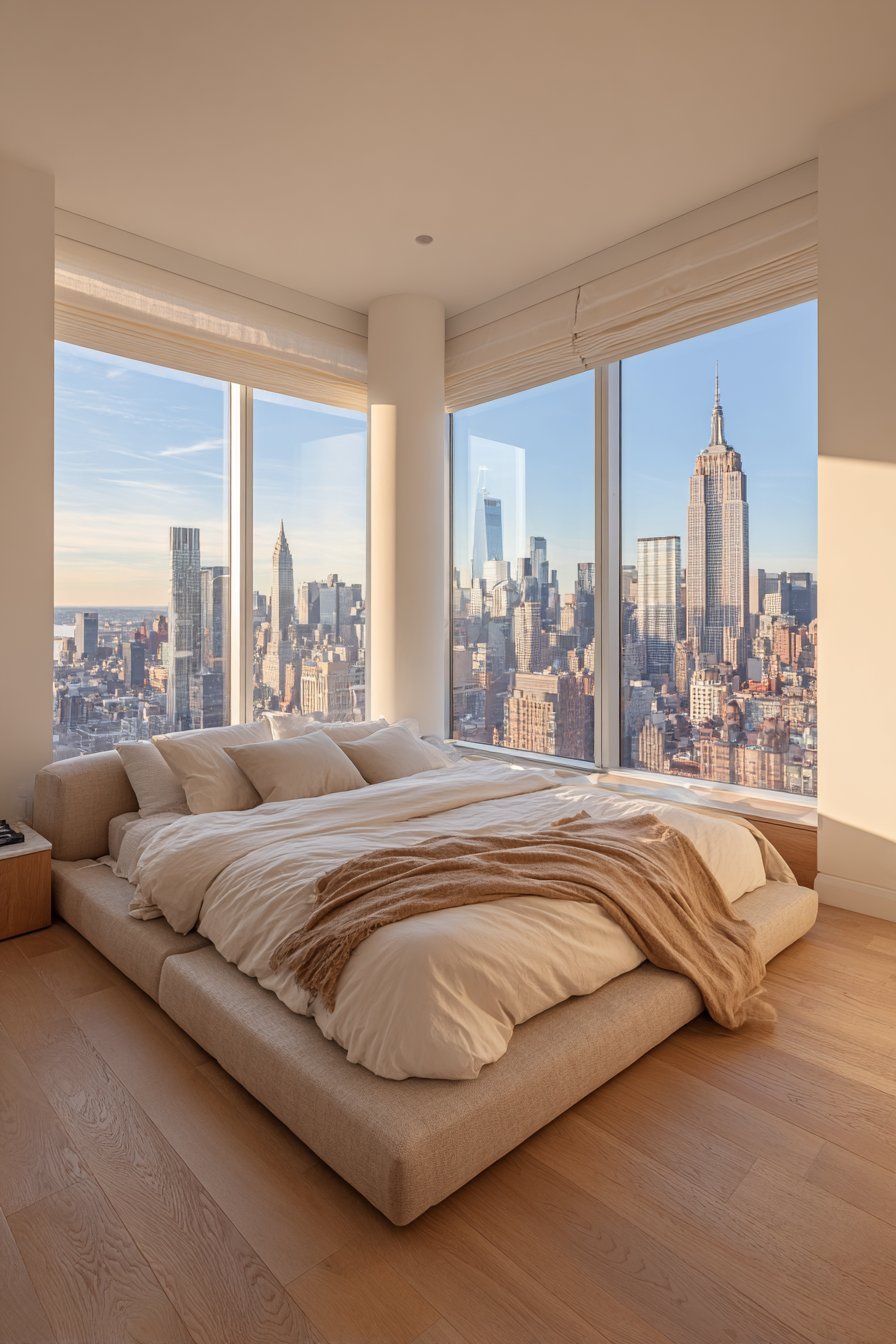 Linen platform bed facing floor-to-ceiling windows with sand cashmere throw and wide-plank white oak floor