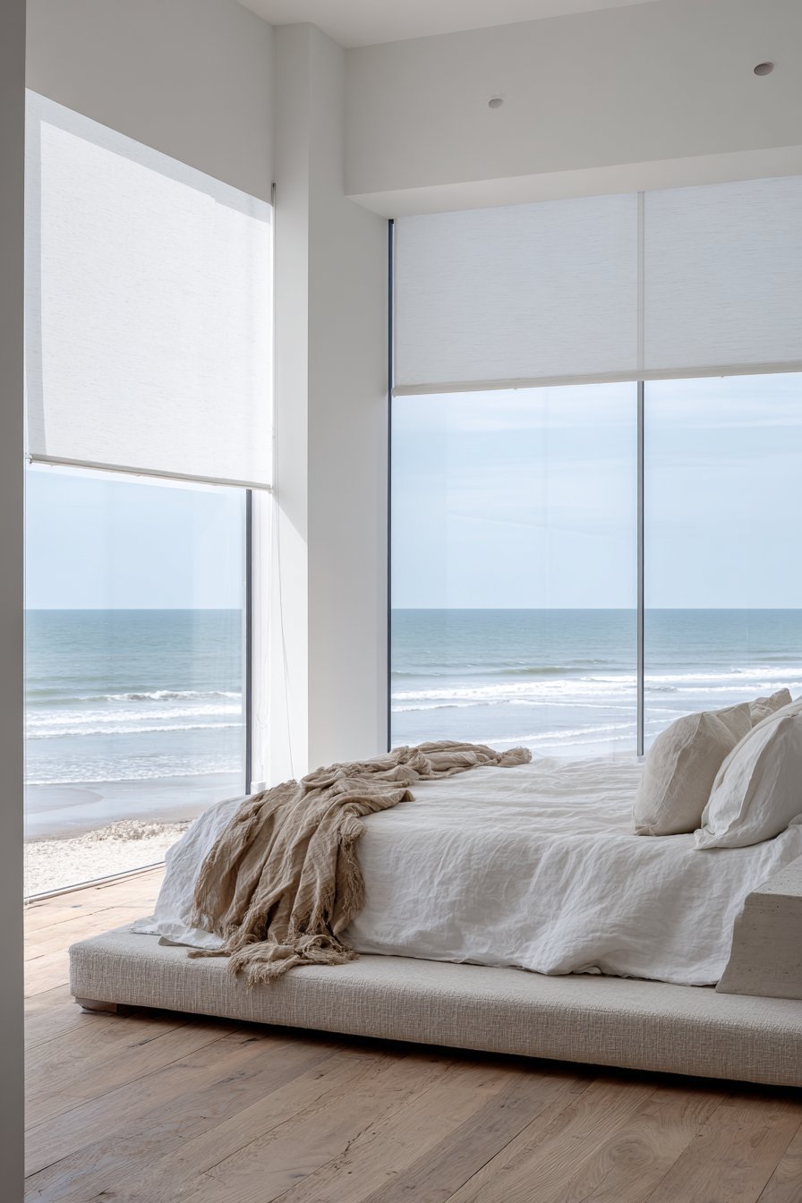 Linen platform bed facing floor-to-ceiling windows with sand cashmere throw and wide-plank white oak floor