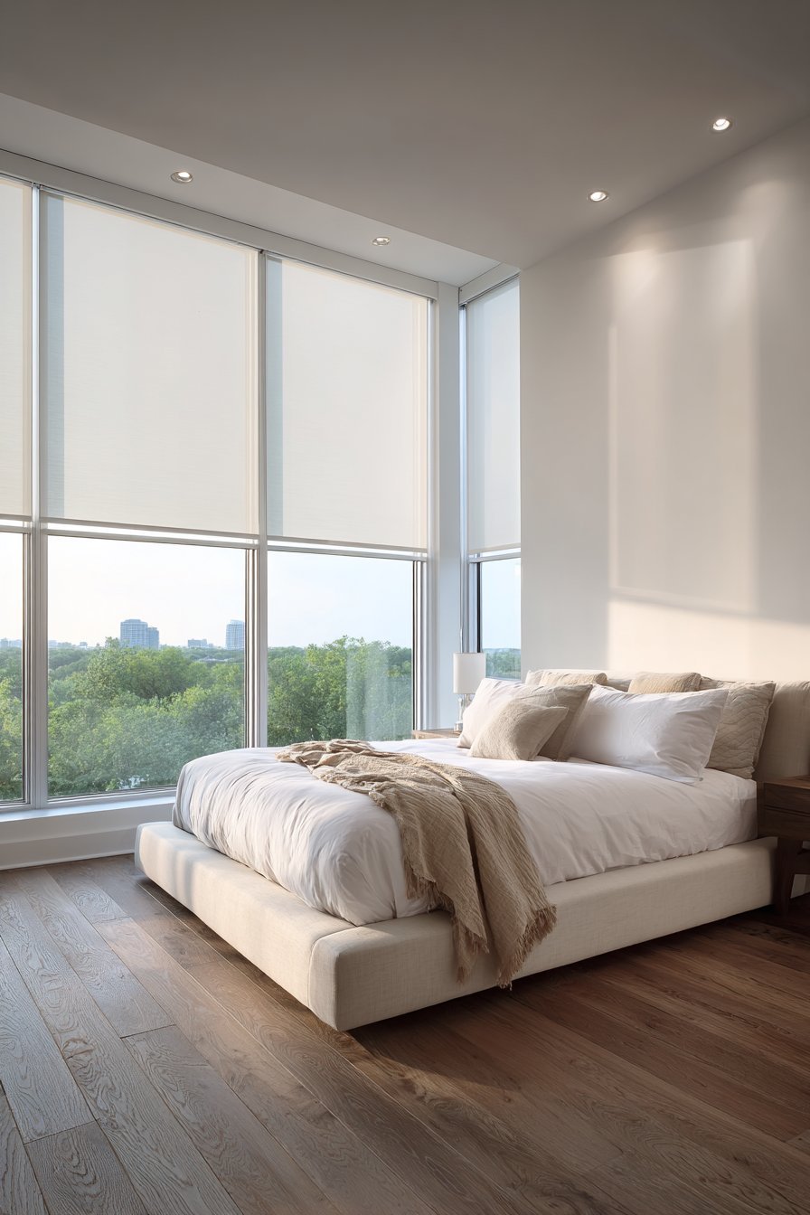 Linen platform bed facing floor-to-ceiling windows with sand cashmere throw and wide-plank white oak floor