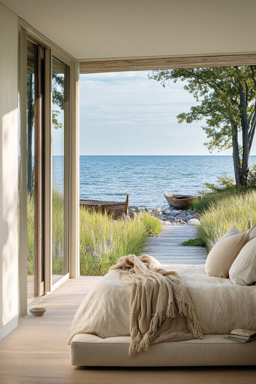Linen platform bed facing floor-to-ceiling windows with sand cashmere throw and wide-plank white oak floor