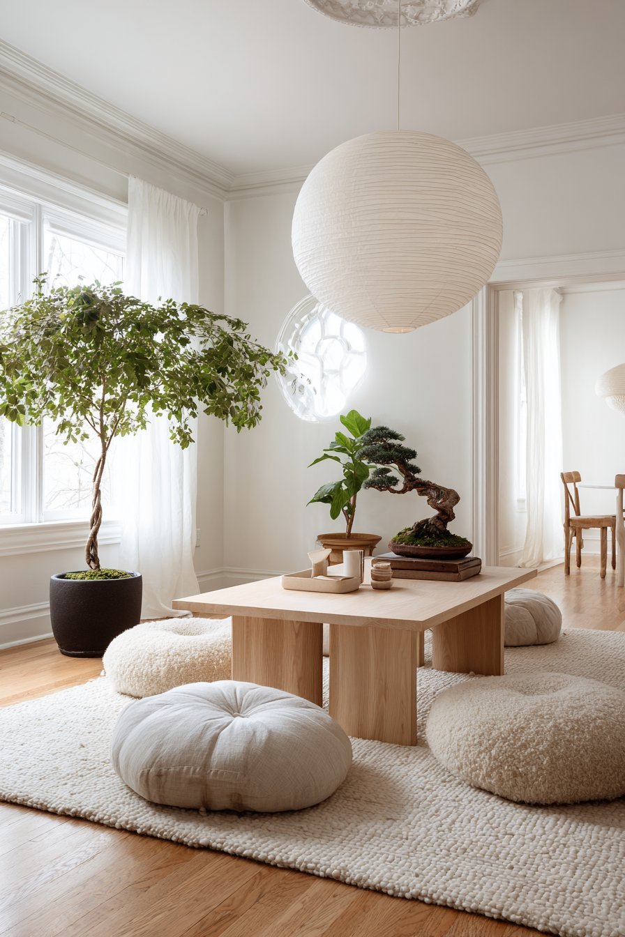 Low maple table with linen floor cushions on a tatami-style mat under a white paper lantern pendant