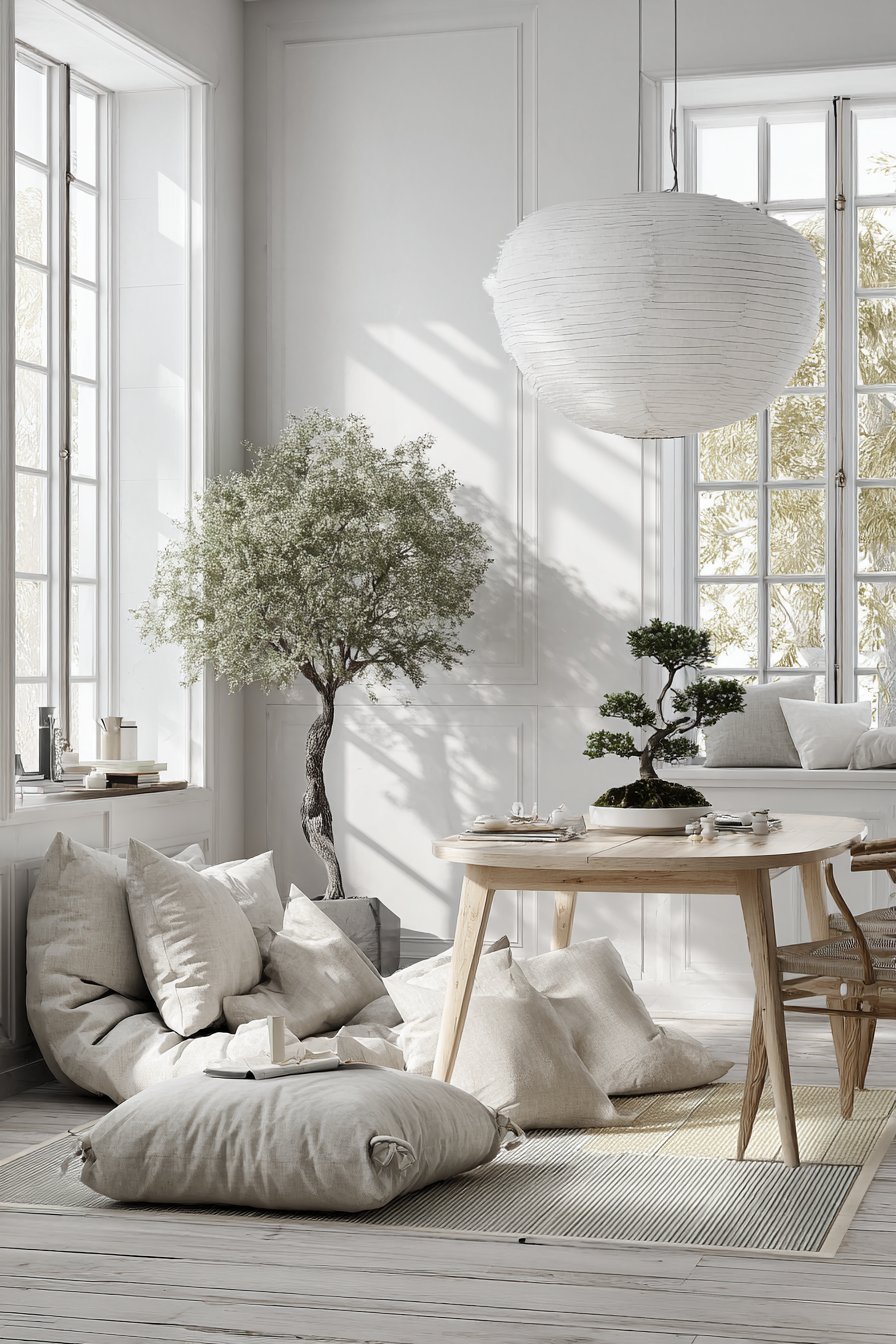 Low maple table with linen floor cushions on a tatami-style mat under a white paper lantern pendant