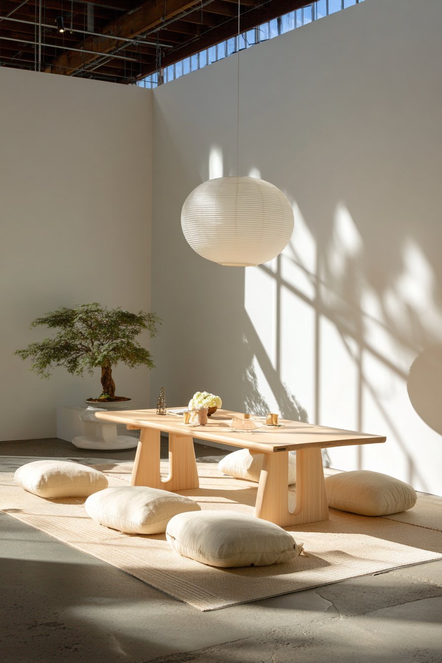 Low maple table with linen floor cushions on a tatami-style mat under a white paper lantern pendant
