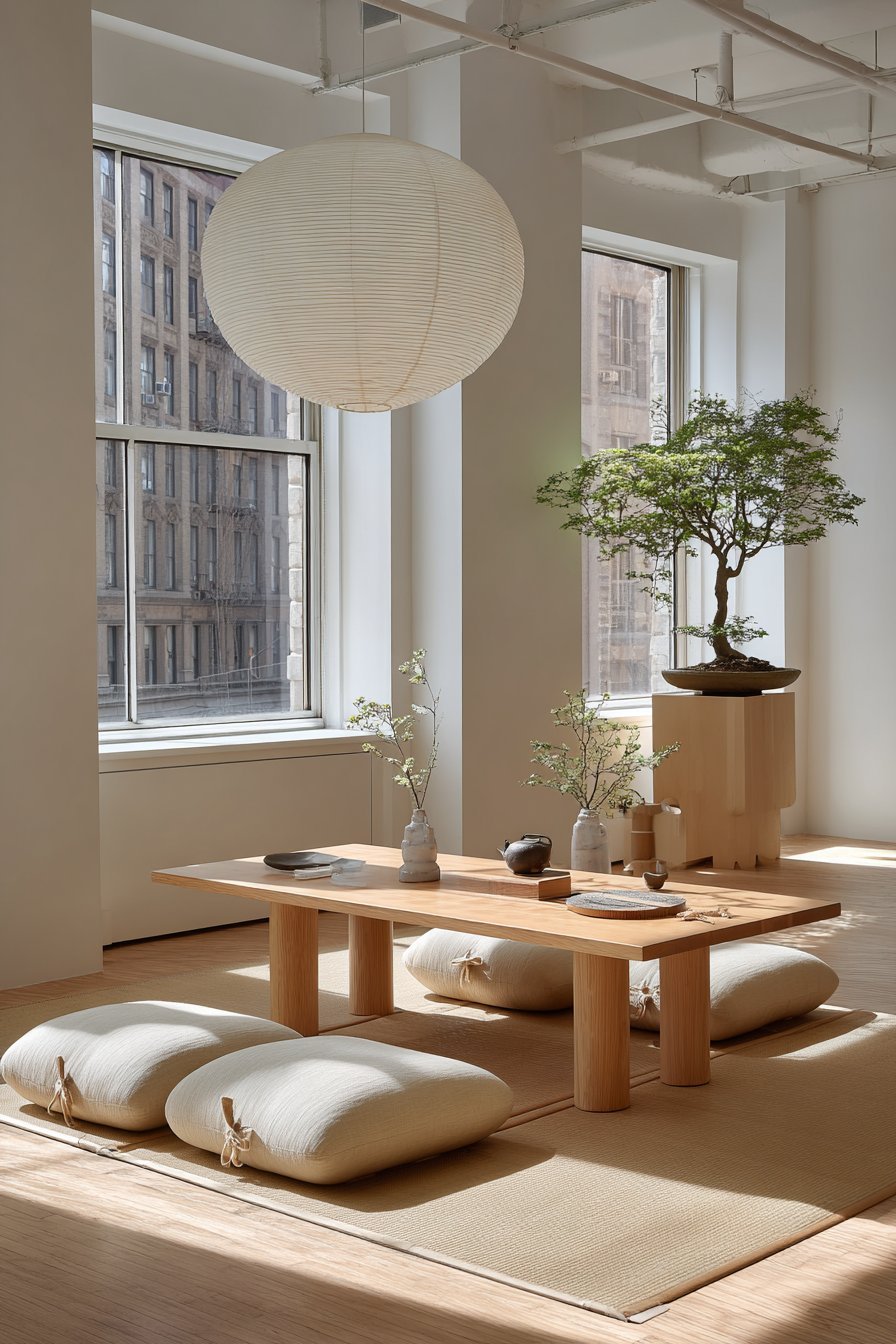 Low maple table with linen floor cushions on a tatami-style mat under a white paper lantern pendant