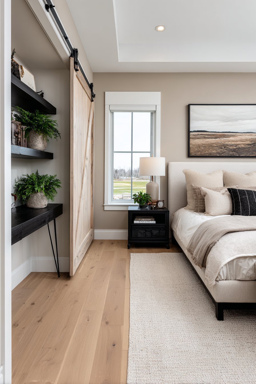 White-washed sliding barn door with black hardware beside a linen headboard and hairpin-leg console