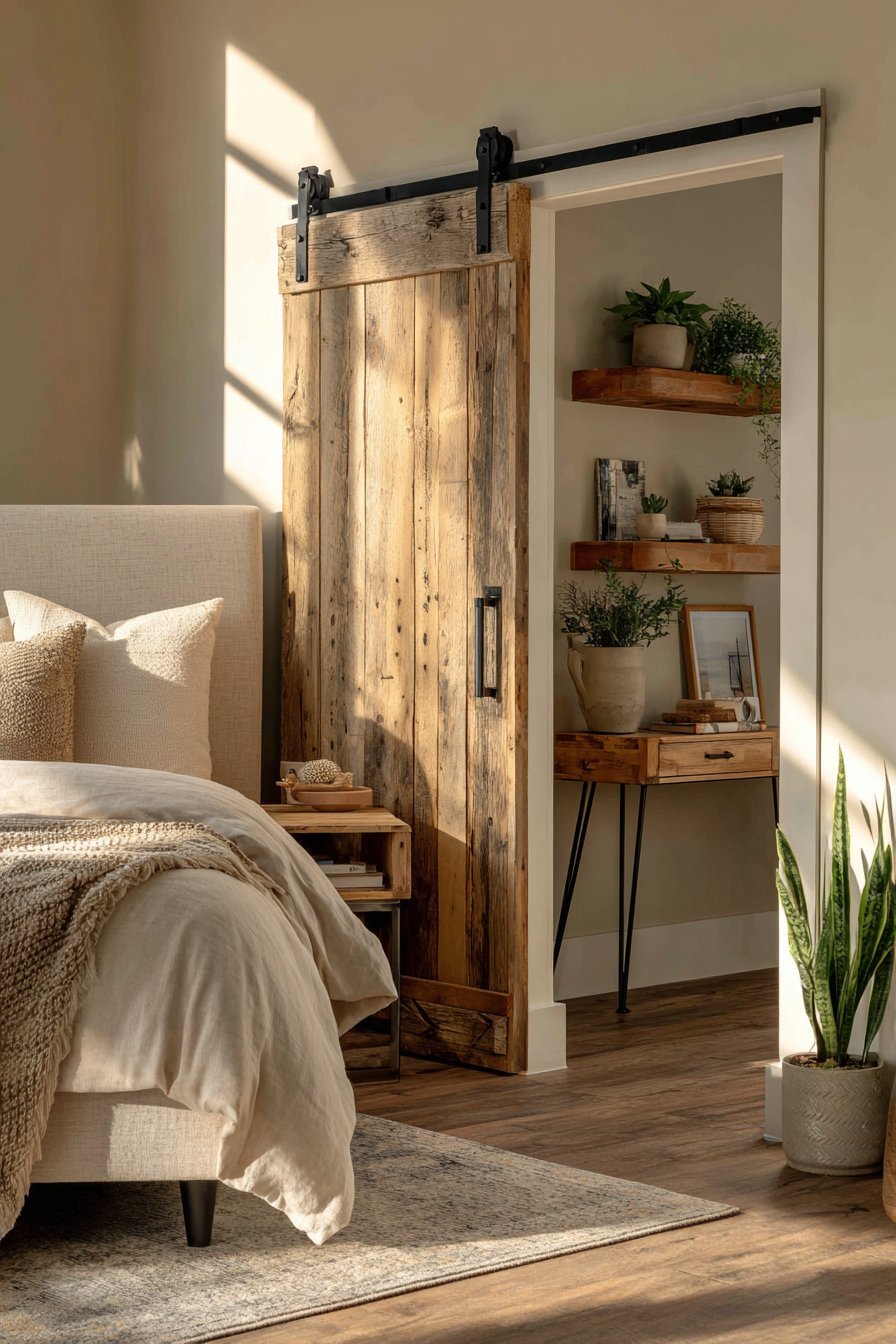 White-washed sliding barn door with black hardware beside a linen headboard and hairpin-leg console