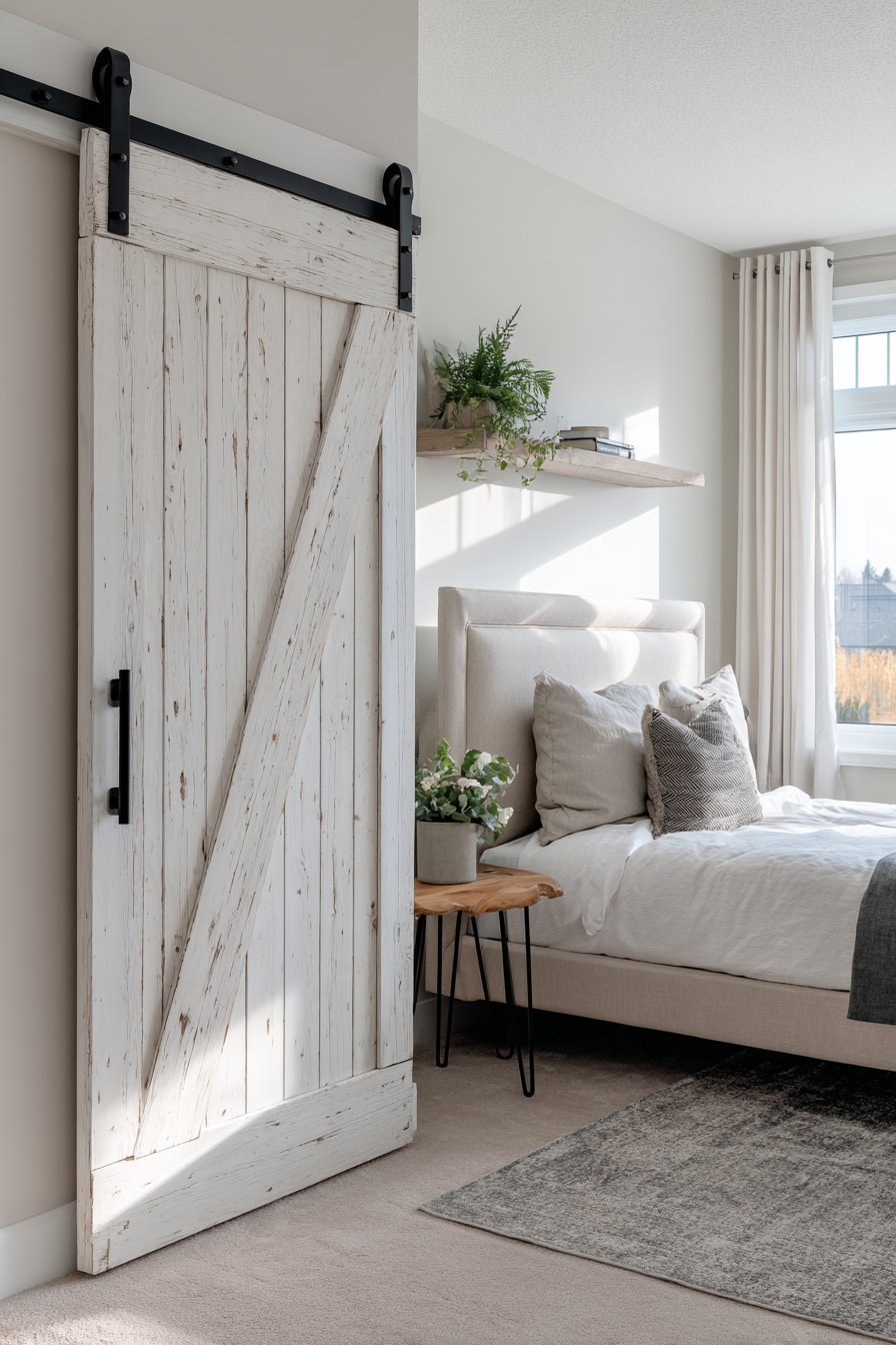White-washed sliding barn door with black hardware beside a linen headboard and hairpin-leg console