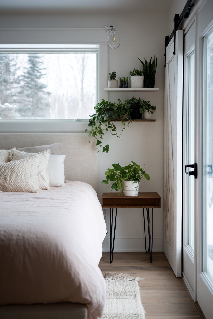 White-washed sliding barn door with black hardware beside a linen headboard and hairpin-leg console