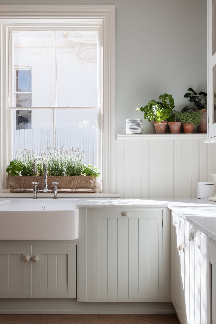 Terra cotta herb pots on a window shelf above beadboard cabinets and soapstone counters