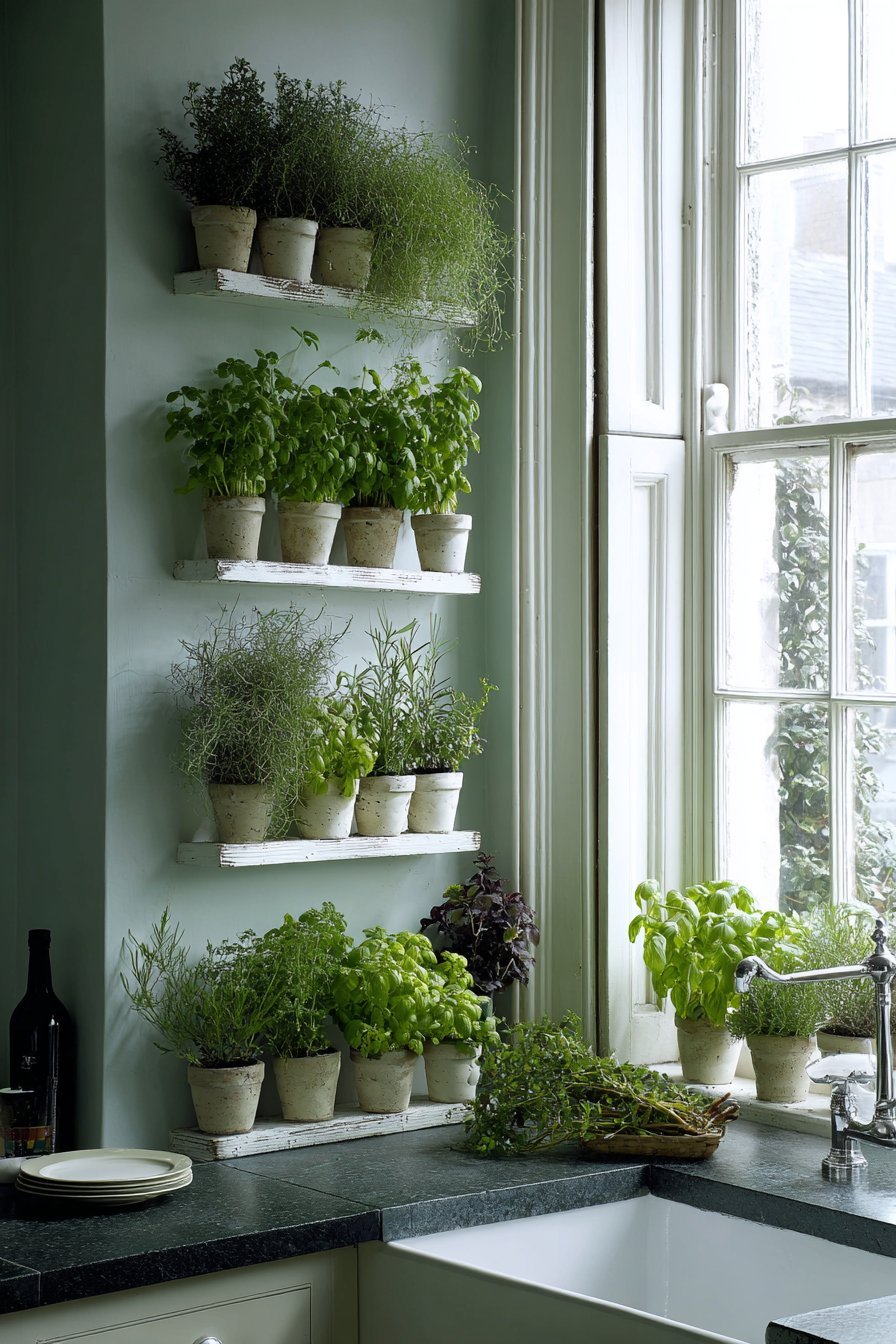Terra cotta herb pots on a window shelf above beadboard cabinets and soapstone counters
