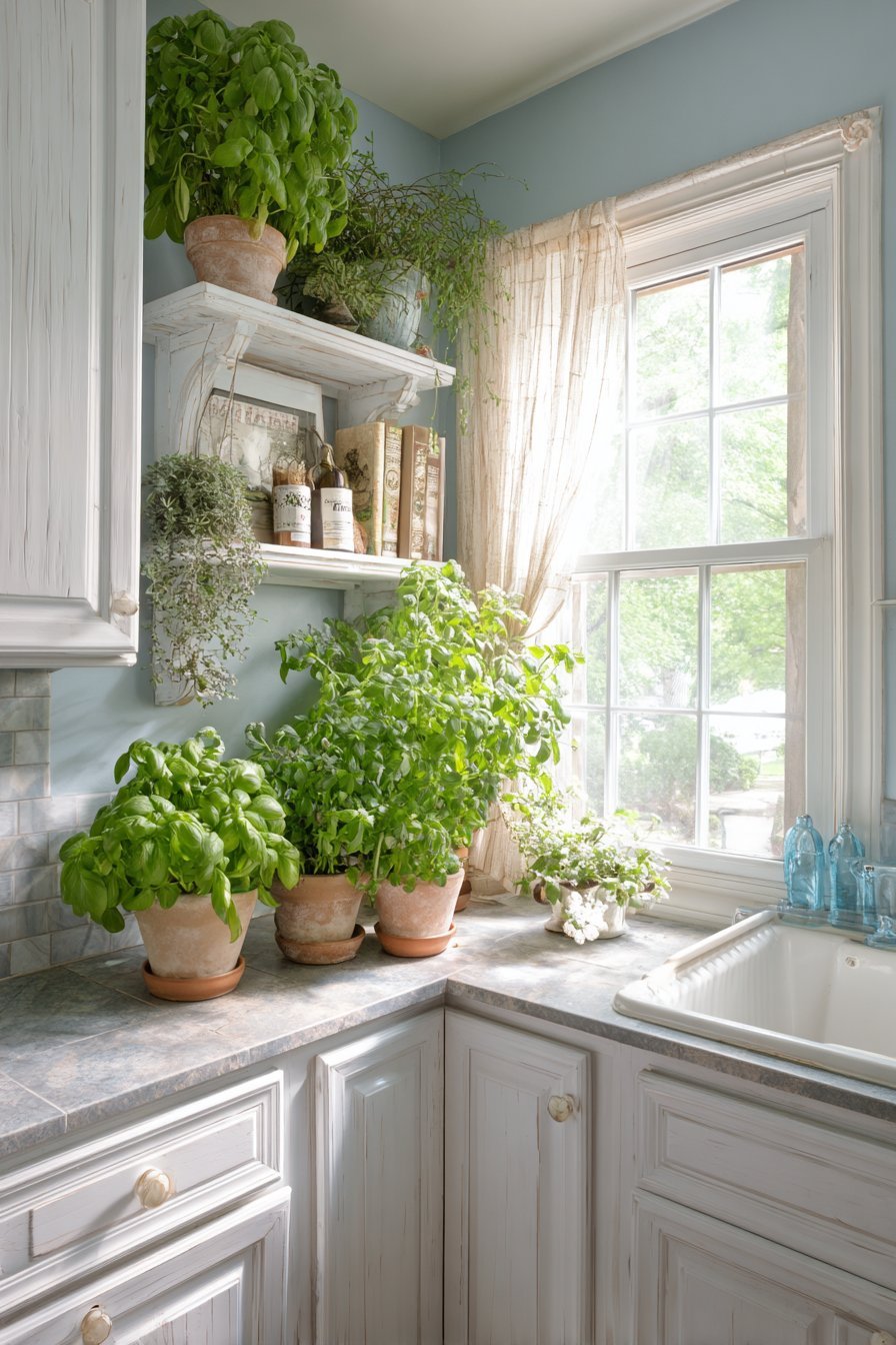 Terra cotta herb pots on a window shelf above beadboard cabinets and soapstone counters