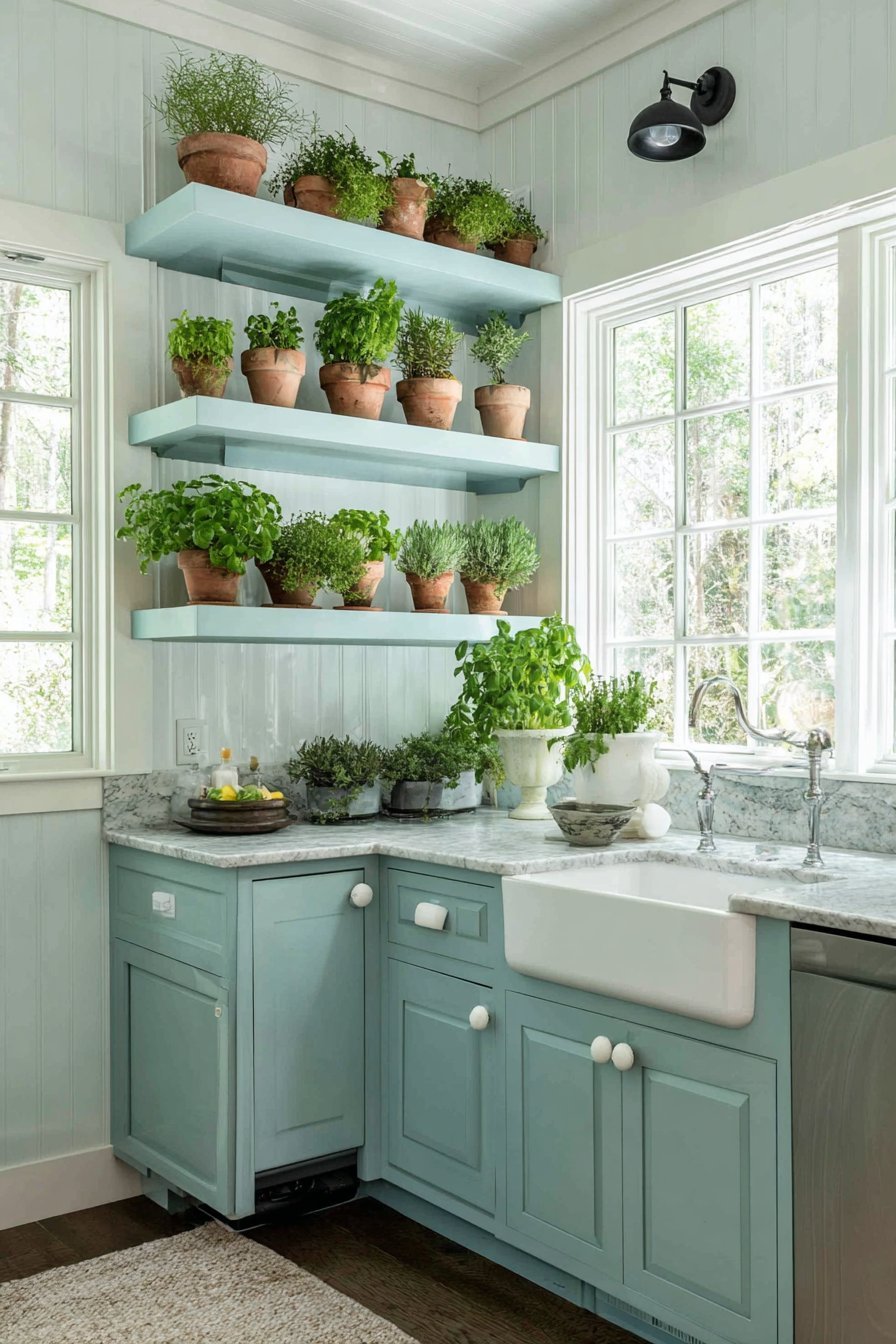 Terra cotta herb pots on a window shelf above beadboard cabinets and soapstone counters