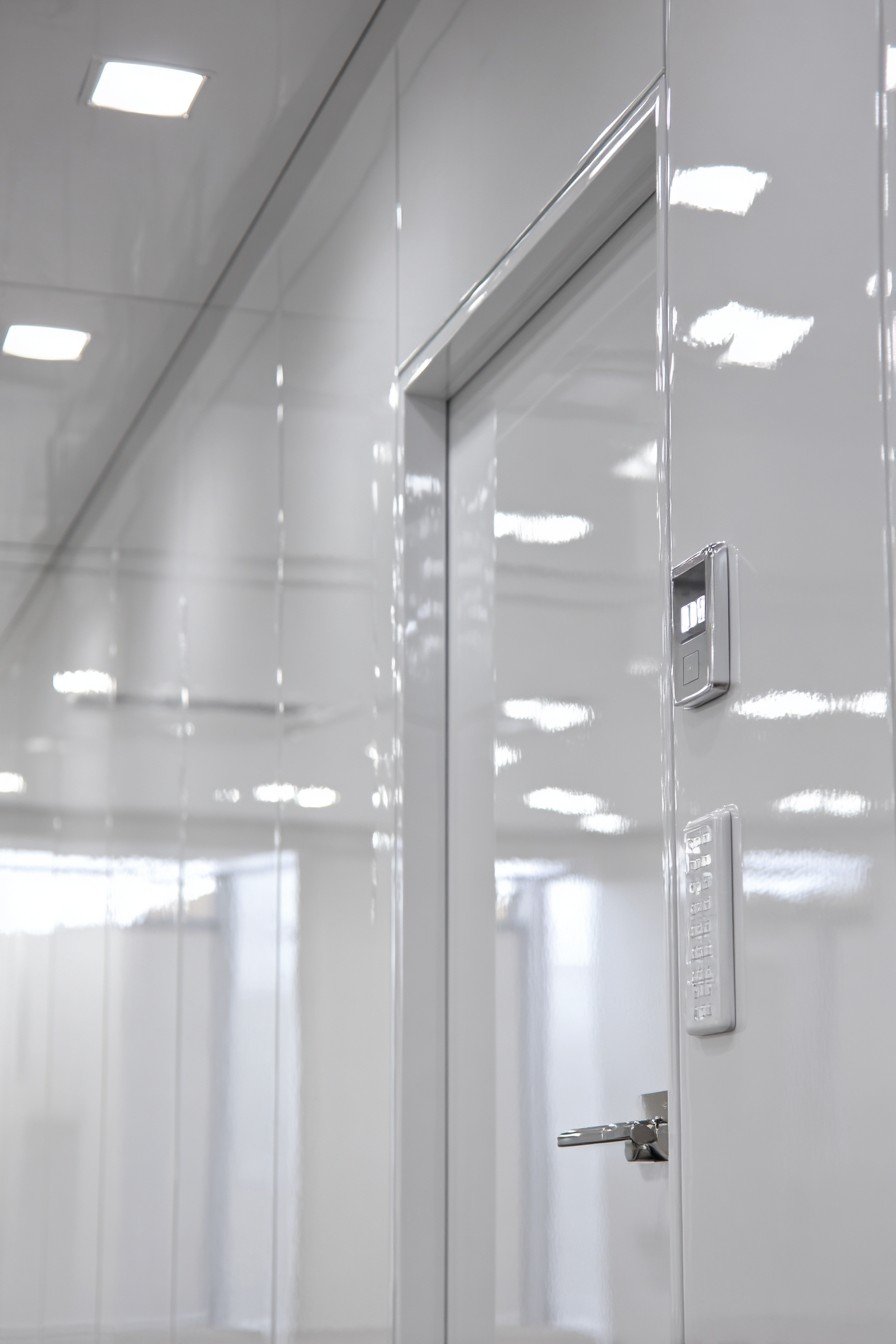 White lacquer flush bedroom door with keypad lock and LED status lights in a smart-home bedroom